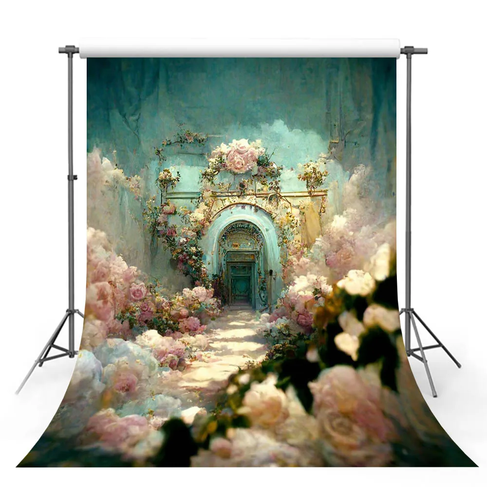 

Mehofond Retro Oil Painting Photography Backdrop Girl Baby Shower Flower Garden Arch Door Wonderland Background Photo Studio