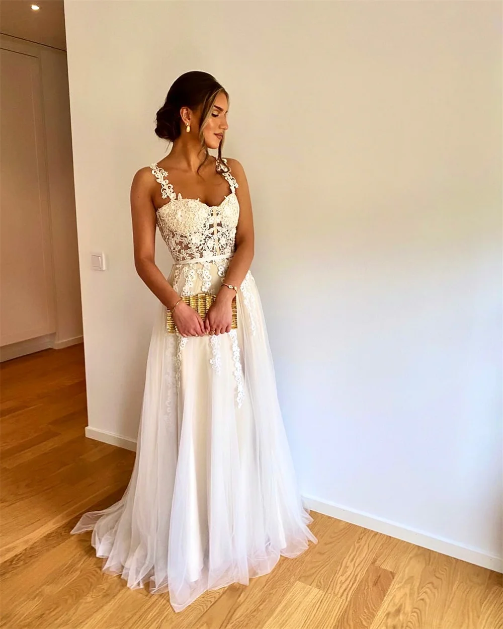 Amanda Customized White A-Line Lace Embroidery Prom Dresses Sweetheart Neck Pleated vestidos de noche Floor-Length Wedding Party