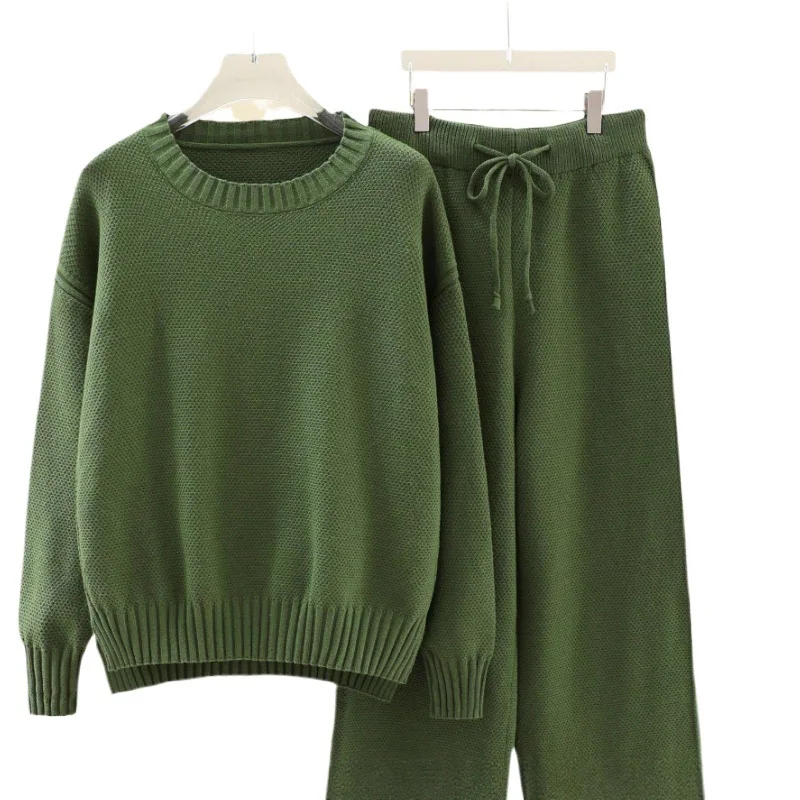 

Ladies' Fashionable Casual Knitted Lazy Set Pure Color Loose Sweater Wide Leg Pants Long Pants Two Piece Set Winter Leisure Wear
