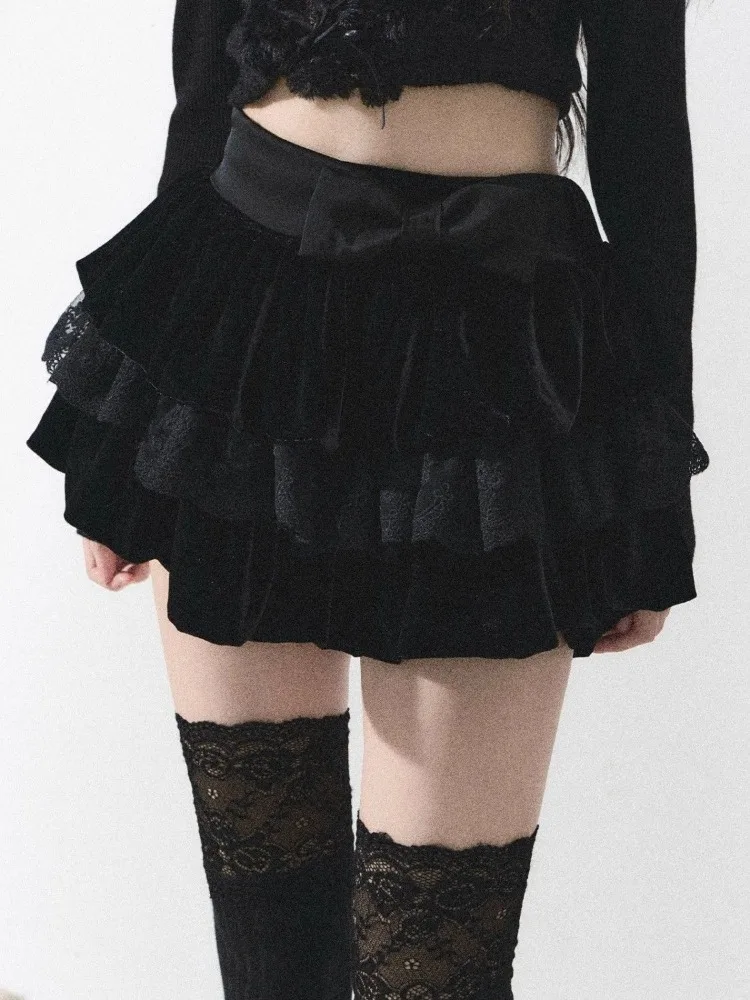 

Spicy Girl Lace Cake Mini Skirt French Fairycore Bow High Waist Pleated A Line Y2k Skirts 2025 Fashion All Match Faldas