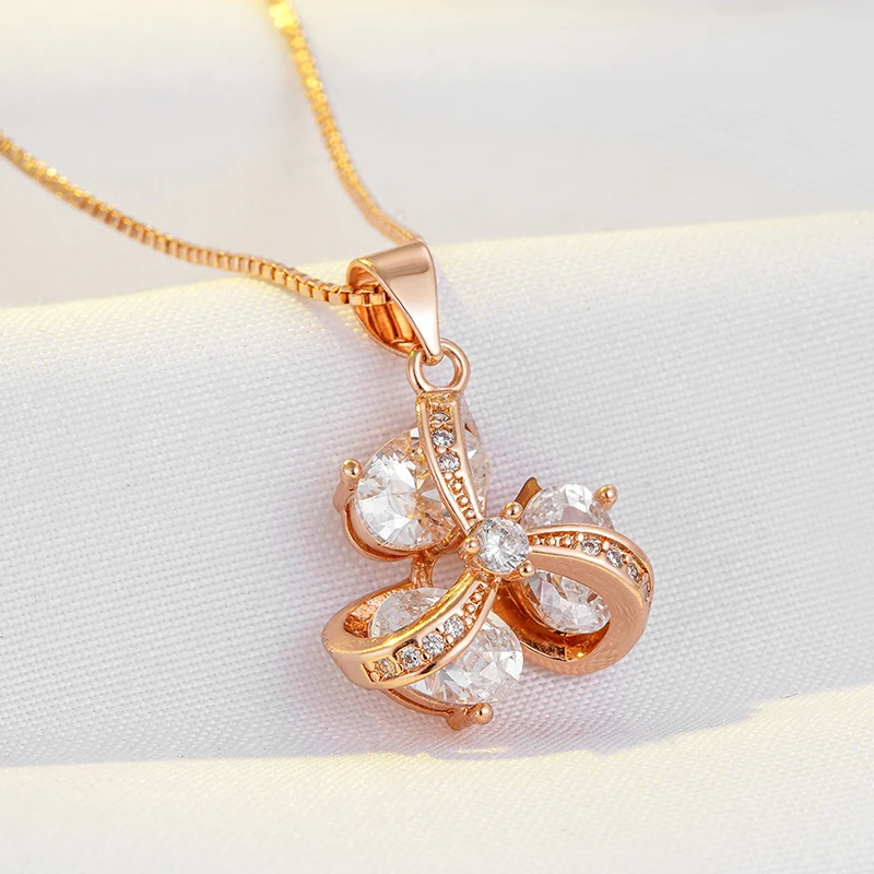 Wbmqda 585 Rose Gold Color Luxury Crystal Flower Necklace Pendant For Women With White Natural Zircon 2023 Trendy Neck Chain