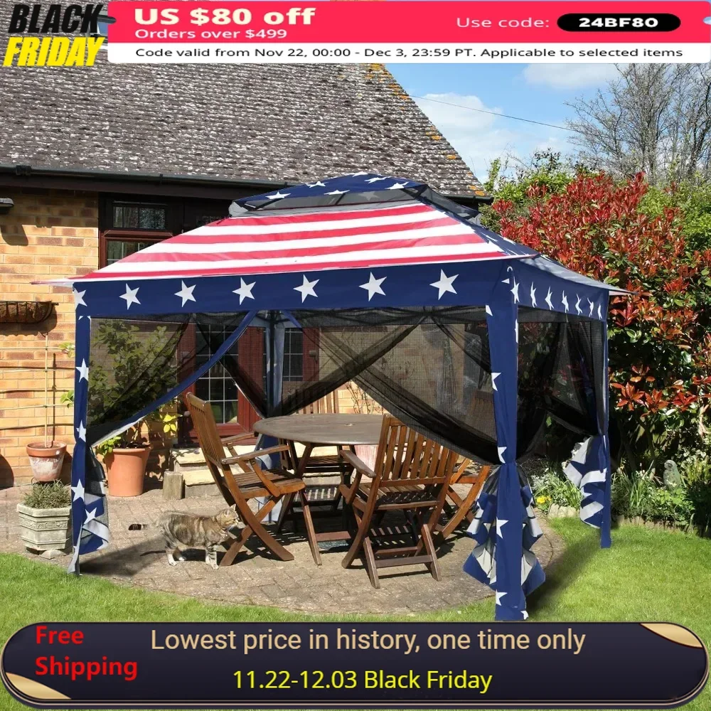 Pop-up Instant Gazebo Tent with Mosquito Account Outside Canopy Shelter with 121 Square Feet of Shade (United States Flag)