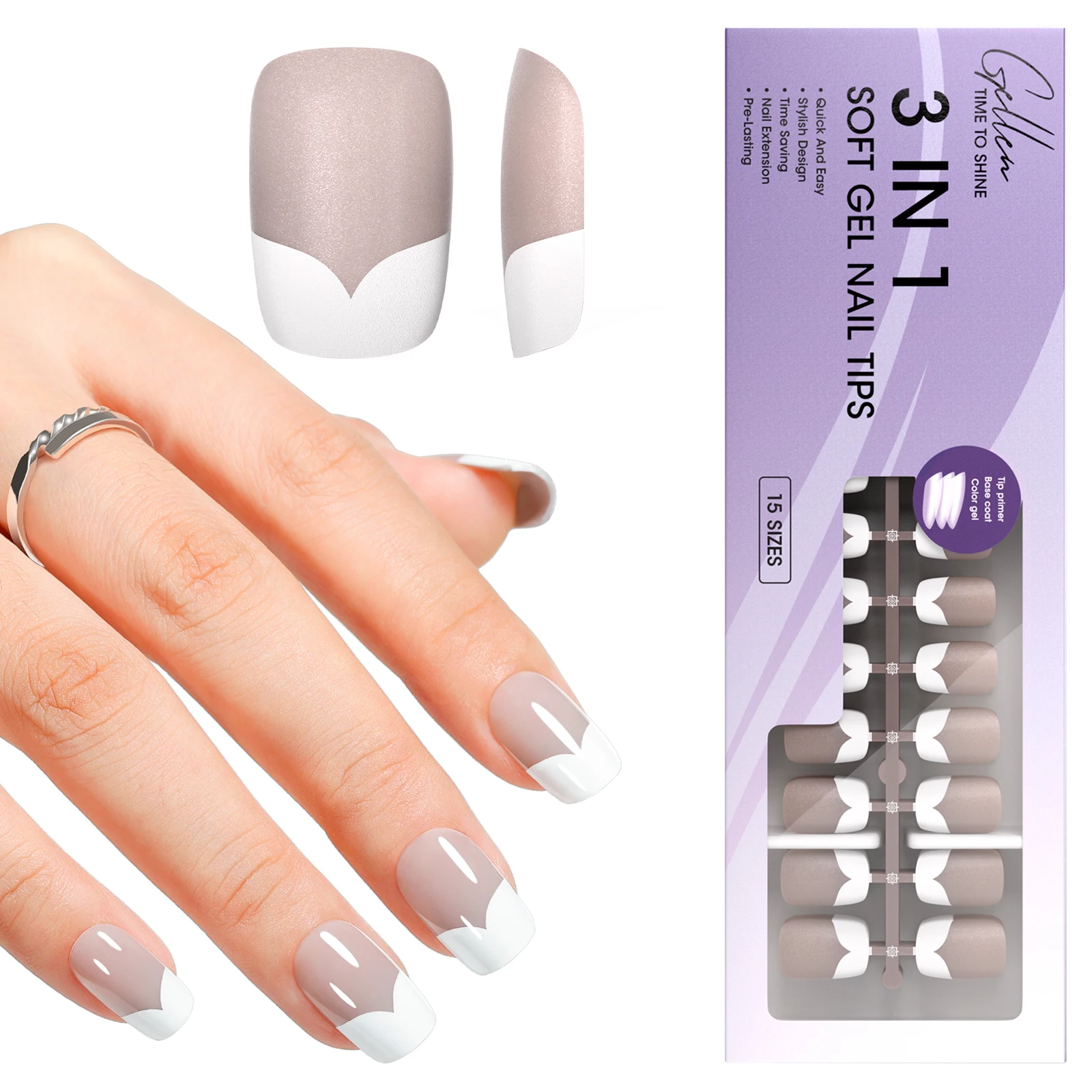 

GELLEN French Tip Almond Shape Press On Nails False Nails Gel Nail Tips 150pcs Gray White 15 Sizes Nail Art Set 2026 Gifts