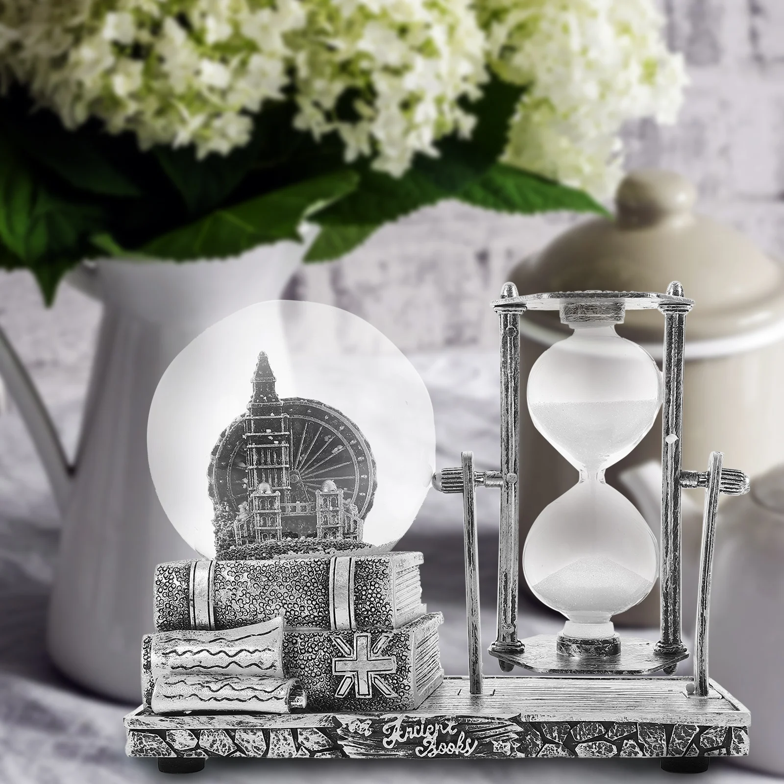 

Hourglass Timer Retro Iron Tower S Clock Crystal Snow Globe Music Box Desk Decor Operated Light Resin Craft nament