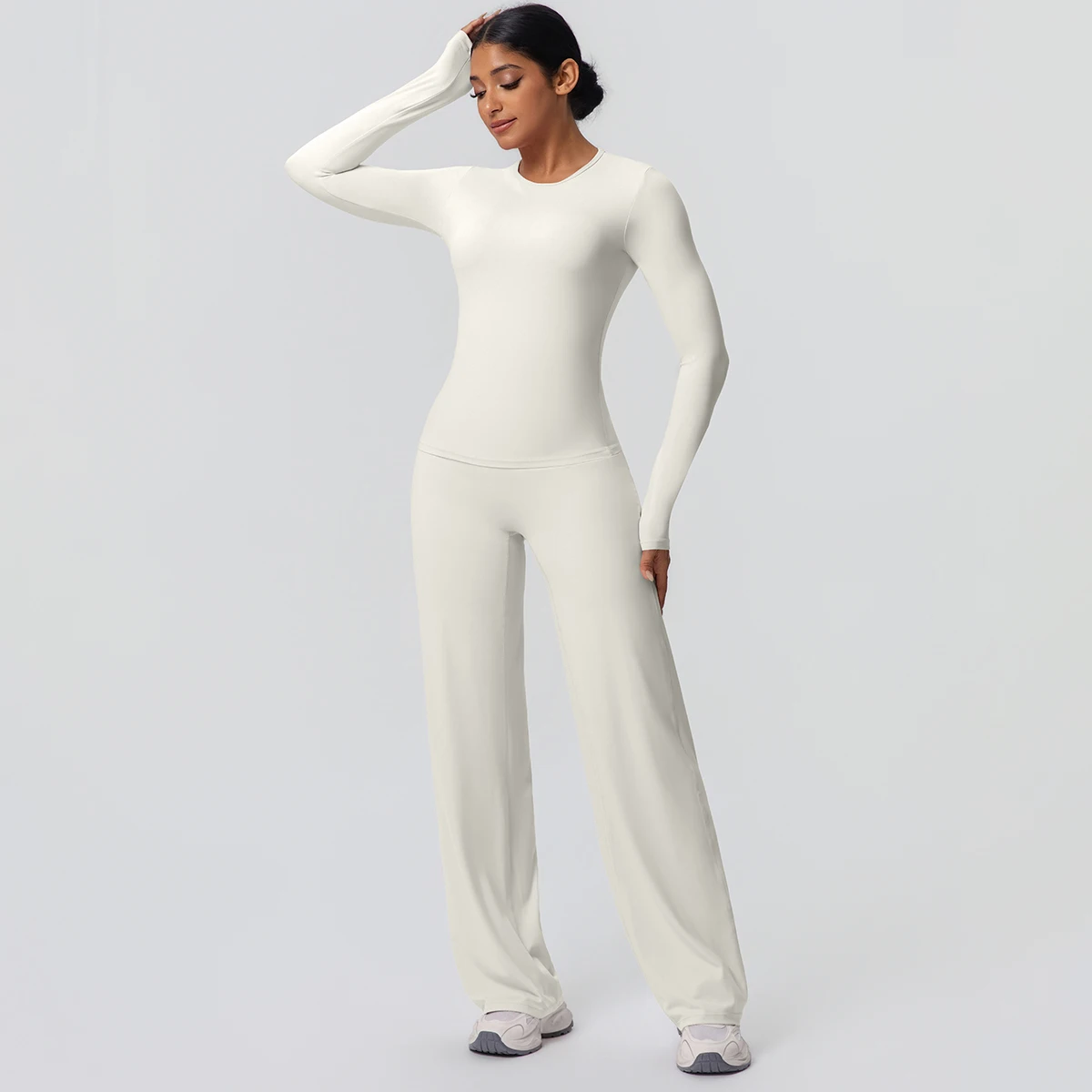 2 stück Frauen Gym Yoga Set Lauf Shirts Schlank Lange Ärmel Workout Top Schnell Trocknend Hohe Stretch Breite Bein Hosen dünne Yoga Set – Detail 26