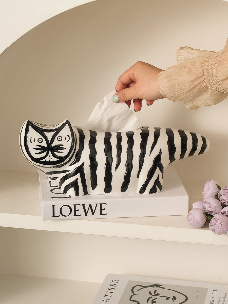 Creative high-value striped cat ceramic tissue box Modern light luxury high-end pumping paper box Living room napkin paper