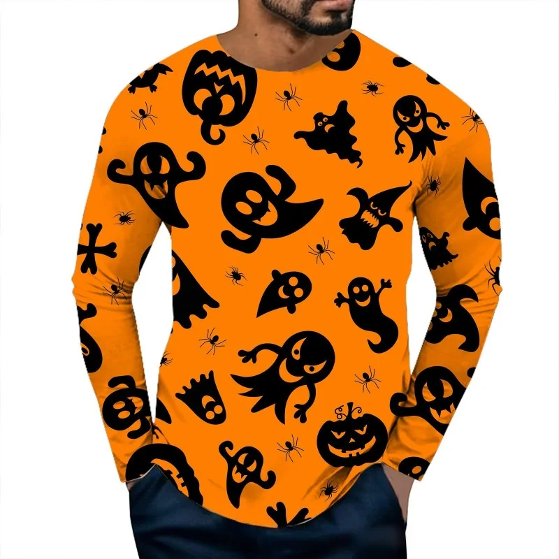 

Spring Summer Men's Round Neck Long Sleeve Pullover T-shirt Large Size High Street Fashion Casual Halloween Printed T-shirt