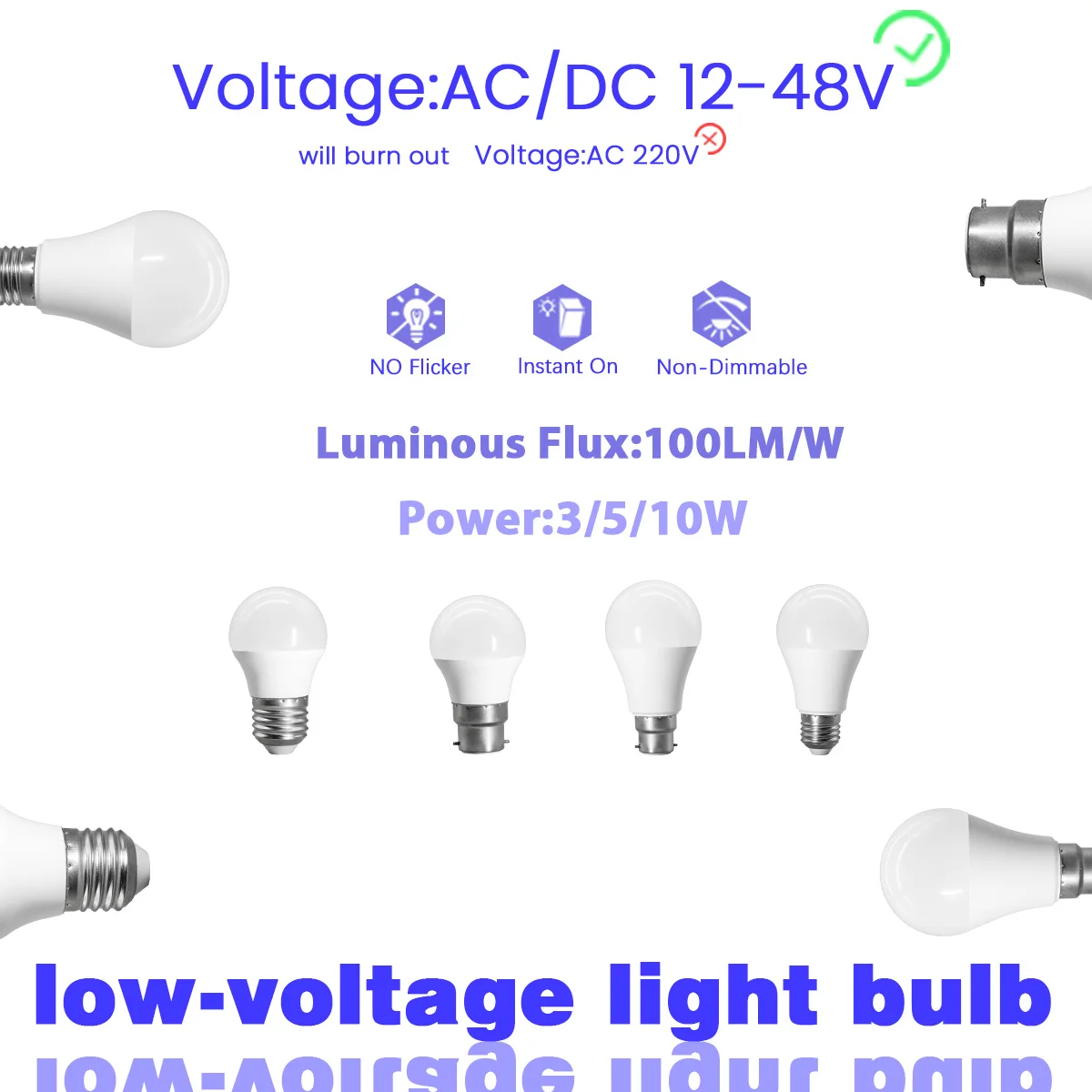 

20 шт. низкое давление 3 Вт 5 Вт 10 Вт постоянного тока AC 12 В-48 В светодиодные лампы E27 B22 дневной свет Bombilla светодиодные лампы лампы для фойе derec