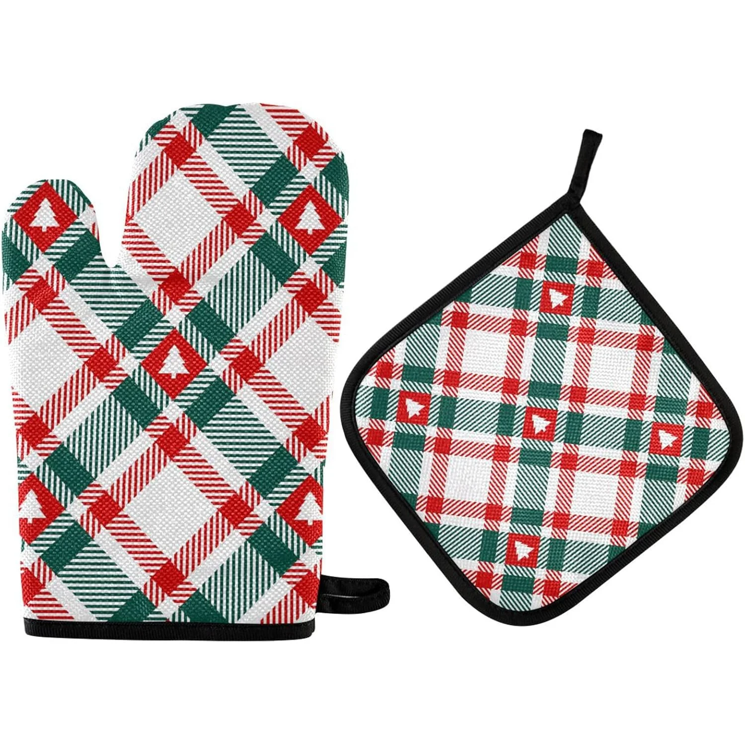 Christmas Red Plaid Checkered Oven Mitts and Potholders Lining Heat Resistant Kitchen Gloves for Christmas Party Print