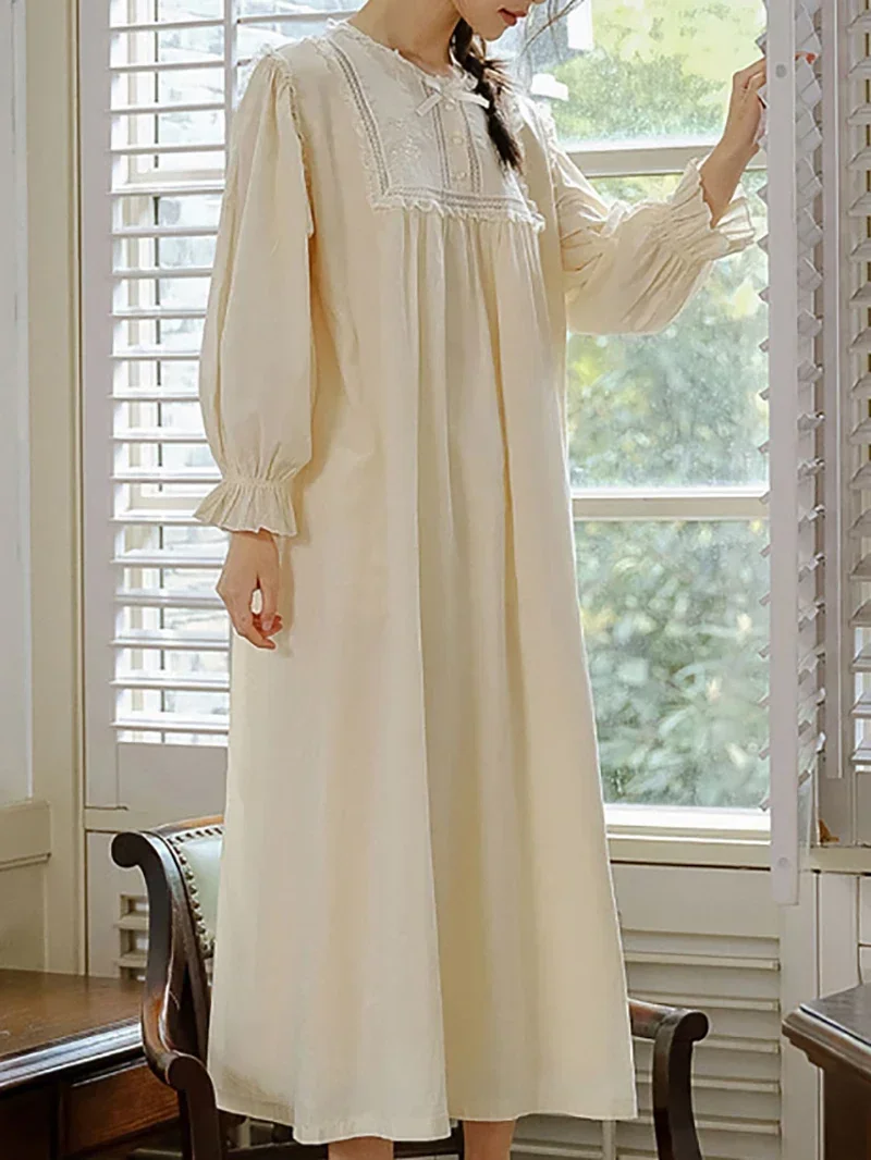 

Women Vintage Victorian Cotton Ruffles Embroidery Vintage Pajamas Night Dress Sweet Pajamas Spring Autumn Nightgowns Sleepwear
