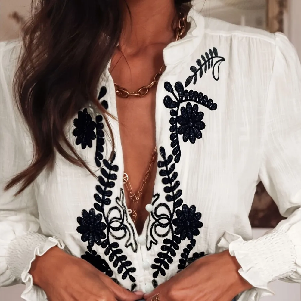 

Fashionable Elegant Shirt Spring Summer New Embroidered Casual Loose Commuter Style Long-sleeved V-neck Single-breasted Tops