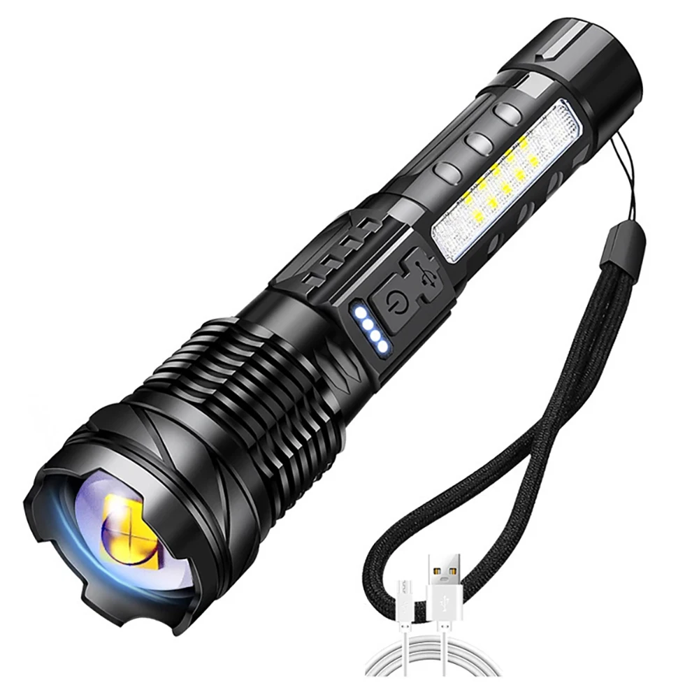 Poderosa Ao Ar Livre Lanterna LED Impermeável 18650 Tocha Com Luz Lateral 7 Modos Camping Lanterna De Pesca USB Recarregável Zoom