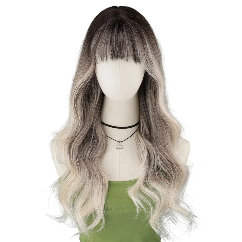 

Gradient Black and White Gold Bangs Long Curly Hair Wig, Cosplay Party Natural Wig, Suitable for Women To Use