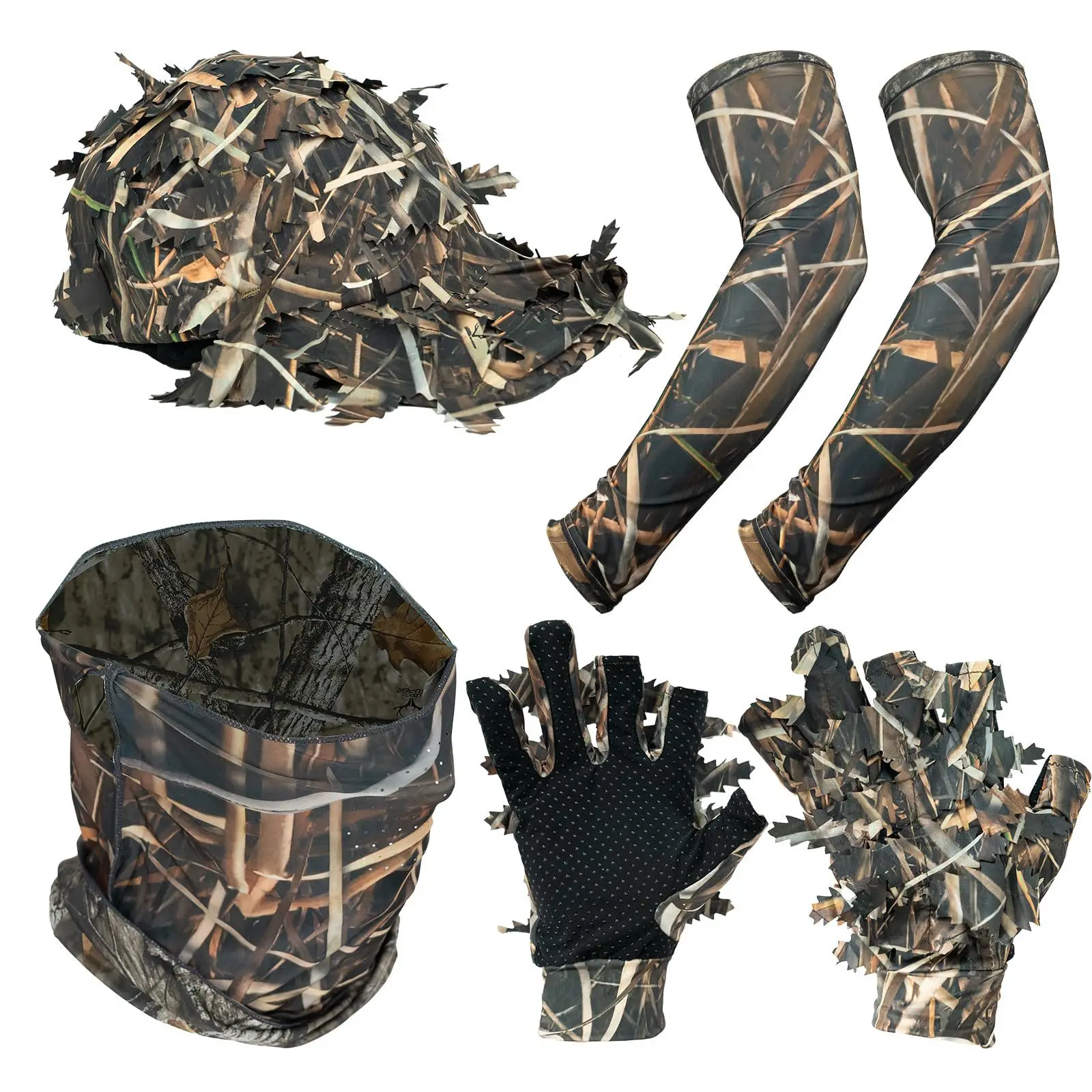 Hunting Mask Set with Leaf Hat Camouflage Geely Gloves Ice Silk Arm Cover Multi piece Set Hunting Accessories