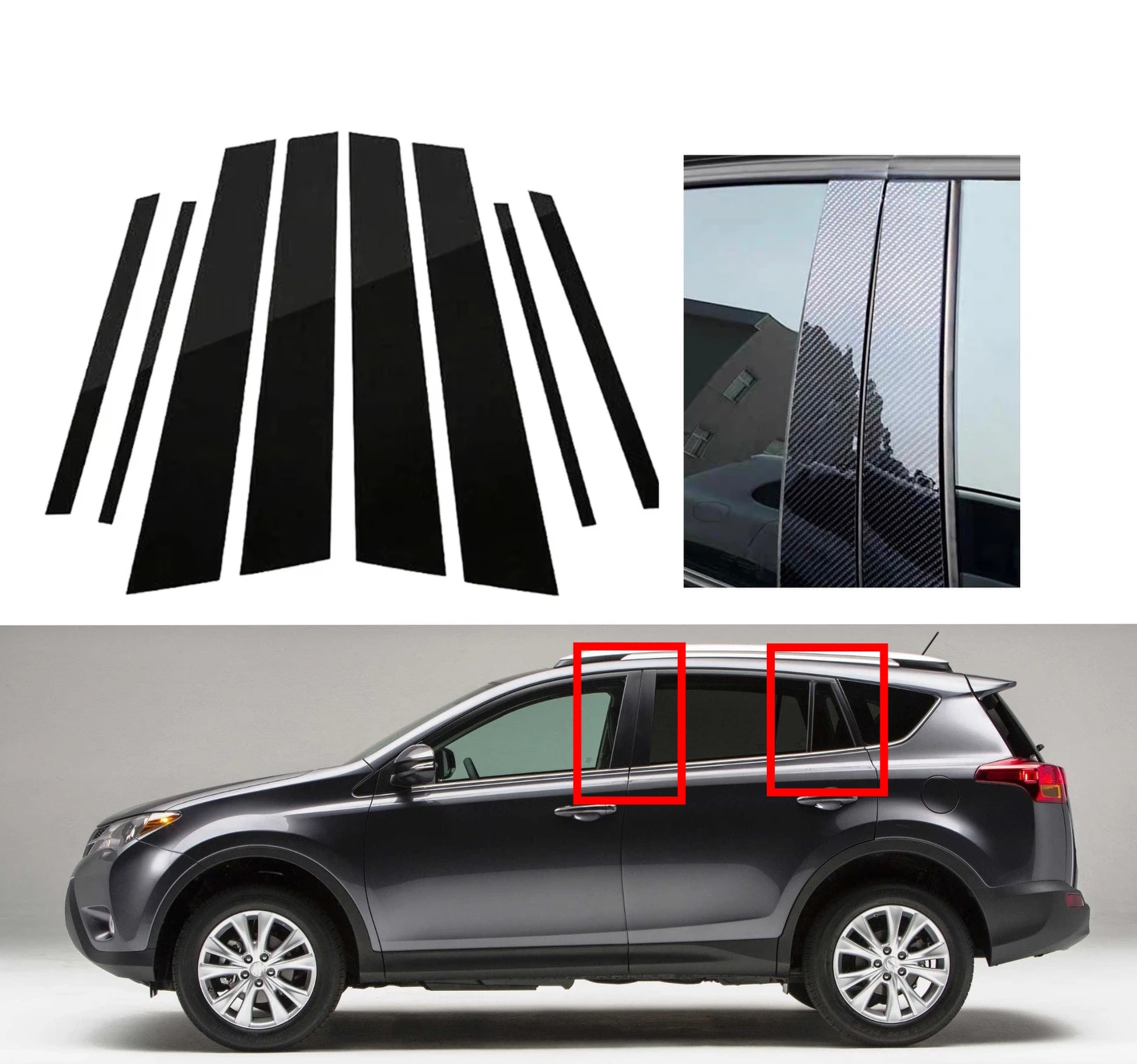 

Fit For Toyota RAV4 XA40 2013-2018 2016 2015 Slivery Carbon Gloss Black Pillar Posts Door Moulding Trim Window Sticker Cover