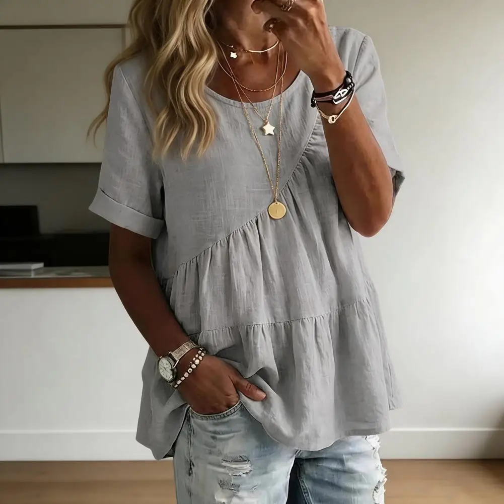 

2026 Women T-shirt Round Neck Short Sleeve Ruffle Splicing Design Tee Shirt Pure Color Loose Fit Summer Casual Tops