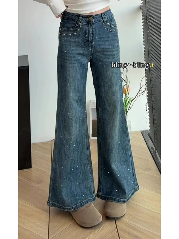 

Женские джинсы с высокой талией и расклешенным низом, весна 2026, новинка, свободный крой, без подкладки, с декором из страз, в стиле ретро, для женщин