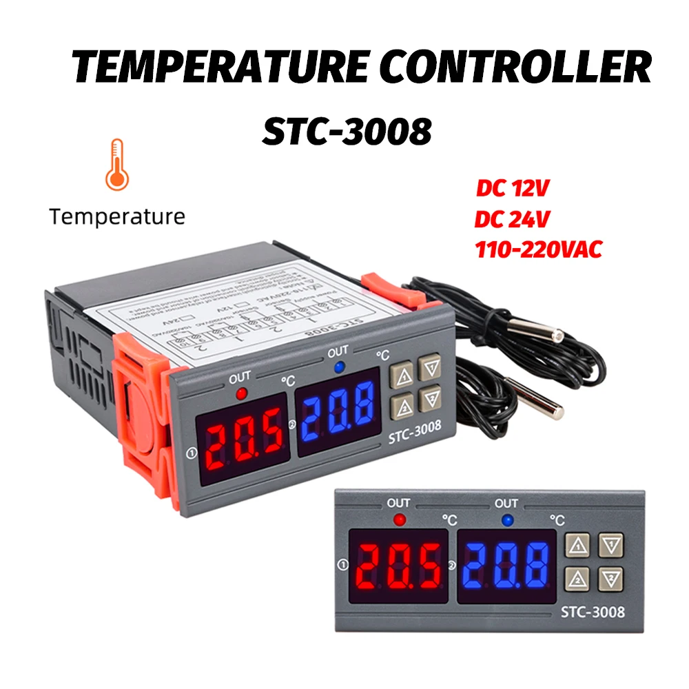 Regulator temperatury podwójny wyświetlacz cyfrowy STC3008 Regulator termostat mikrokomputerowy przełącznik sterowania 110-220V AC, 12/24V DC