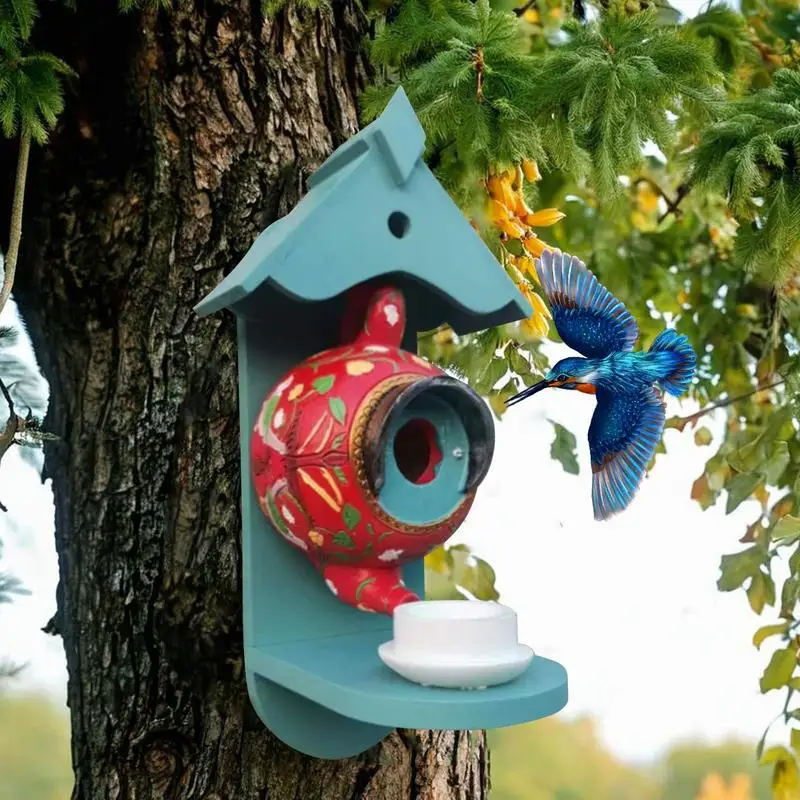 Bird Houses for Garden Teapot Outdoor Bird Feeder Colorful Decorative Bird Houses Cute Bird Feeder for Yard Garden Tree Yard