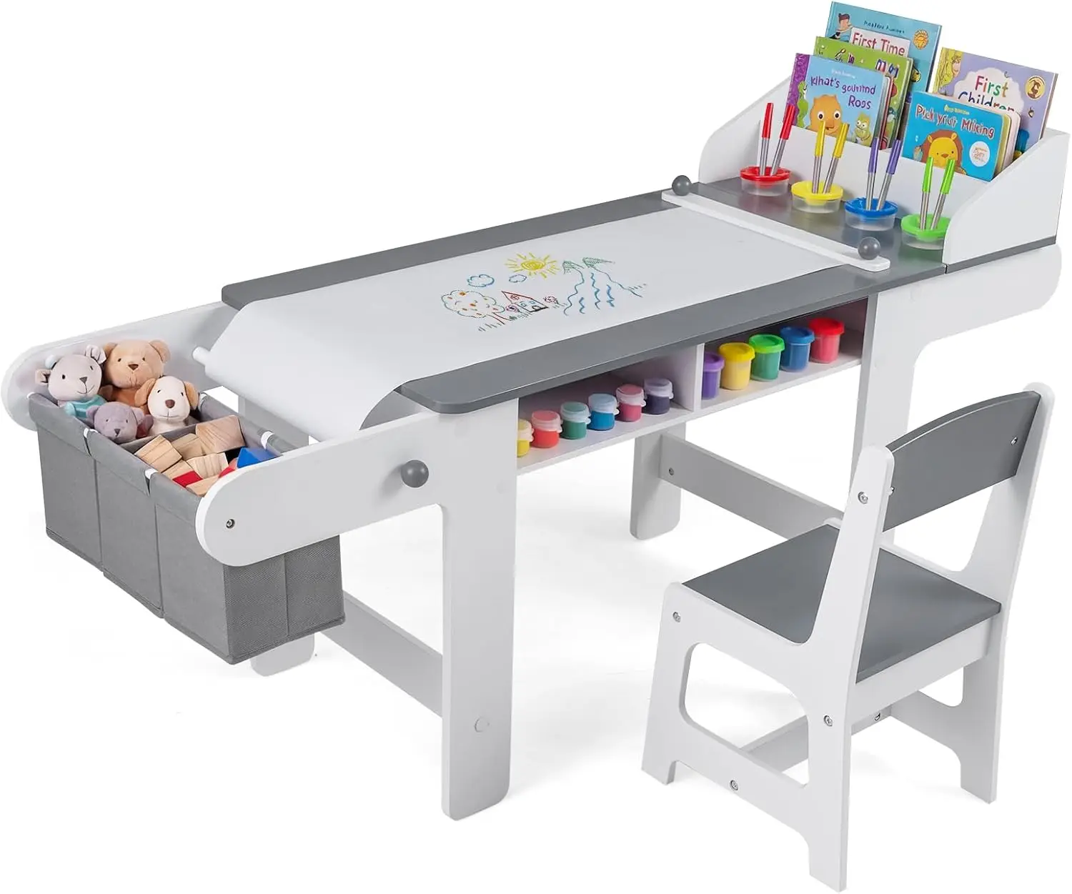 Kids Art Table and Chair, Wooden Children Craft Table with Paper Roll and Fabric Bins for Drawing Reading Studying Playing, Toddler Activity Desk Set for Home Playroom Classroom