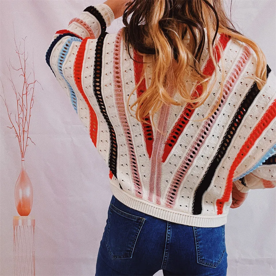 

Новый женский свободный полый цвет в диагональную полоску, элегантный и модный короткий вязаный свитер с рукавами-бабочками