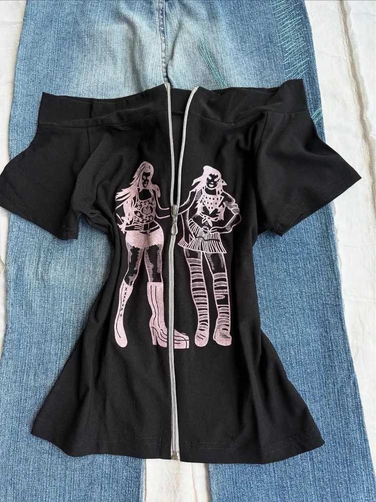 

Subculture Y2k, черные топы на одно плечо, уличная шикарная футболка с короткими рукавами и принтом для девочек, женская готическая винтажная тонкая одежда