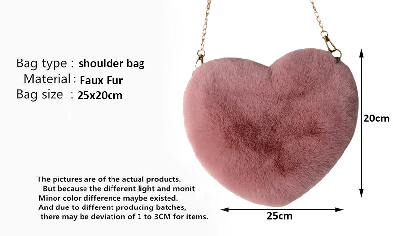 Mode frauen Herzförmige Handtaschen Nette Kawaii Faux Pelz Umhängetaschen Geldbörse Plüsch Kette Schulter Tasche Dame Handtasche – Detail 2