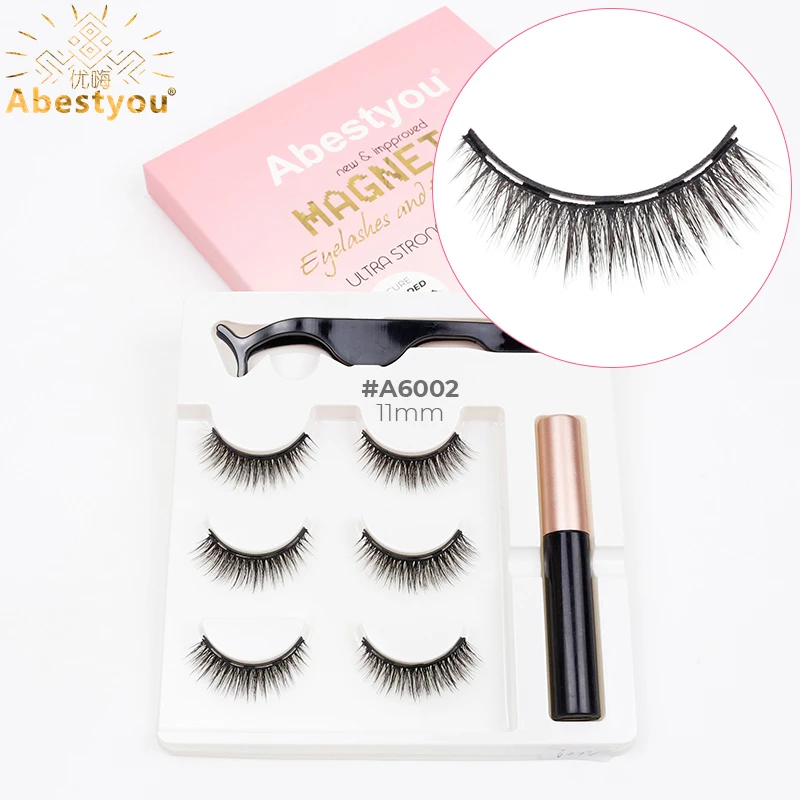 Abestyou 3pairs Magnetic Eyelashes Mix Style 3D False Lashes Waterproof Liquid Eyeliner Set With Tweezer Cilios Magnetico Makeup