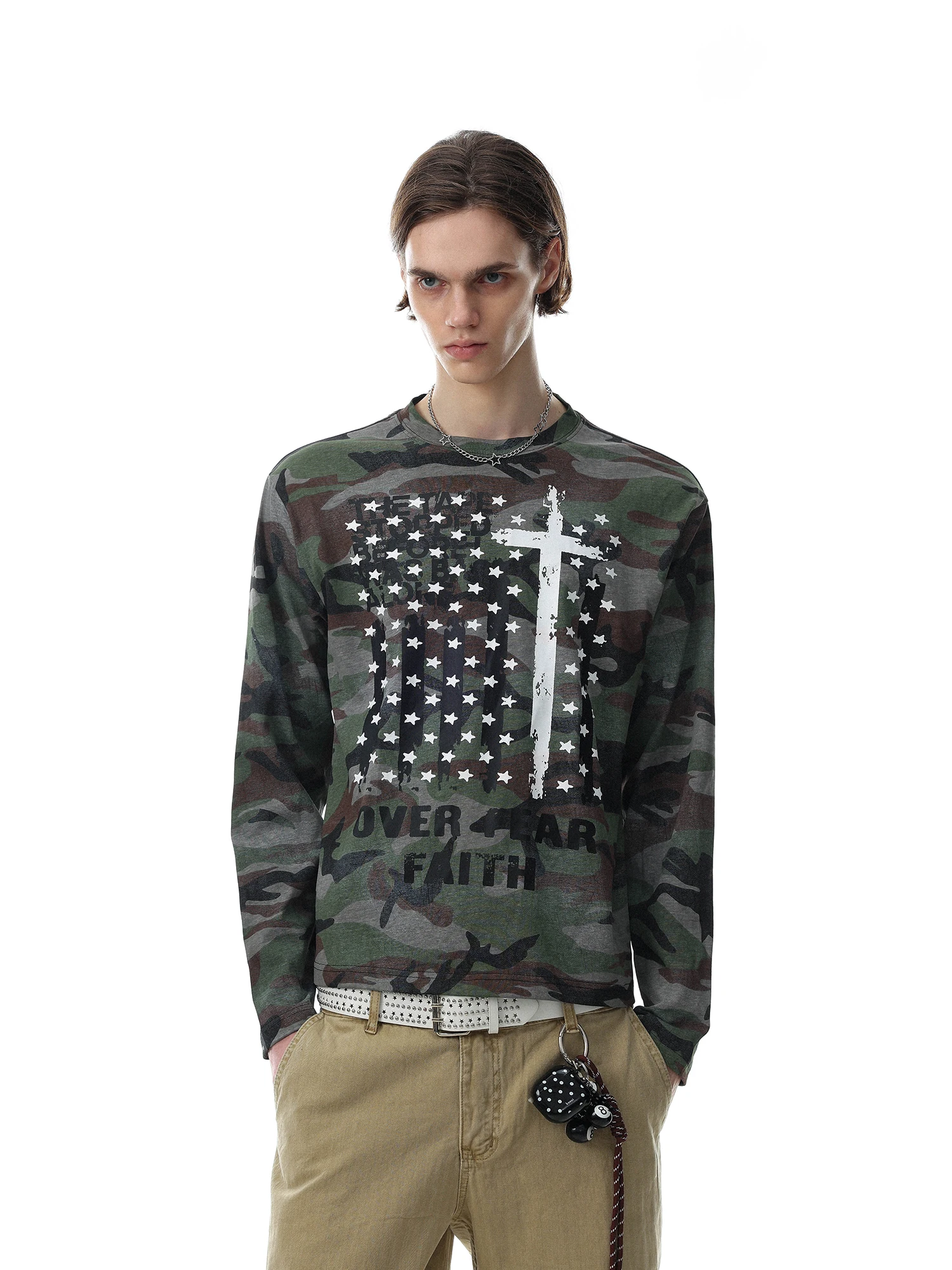 MR NEARLY American Style Streetwear Camouflage Cross Print Long Sleeve Men's T-shirt Autumn Trendy Vintage Versatile Top