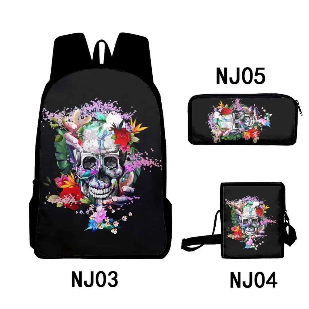 Conjunto de 3 3d impresso crânio, esqueleto, flor, mochila para alunos do ensino primário e médio, mochila, saco crossbody, estojo de lápis