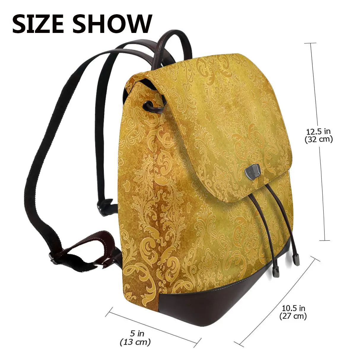 Greek Key Ornate Floral Baroque Gold Bookbag School Student Bags Hiking Travel Daypack for Women Fashion Derma Backpack
