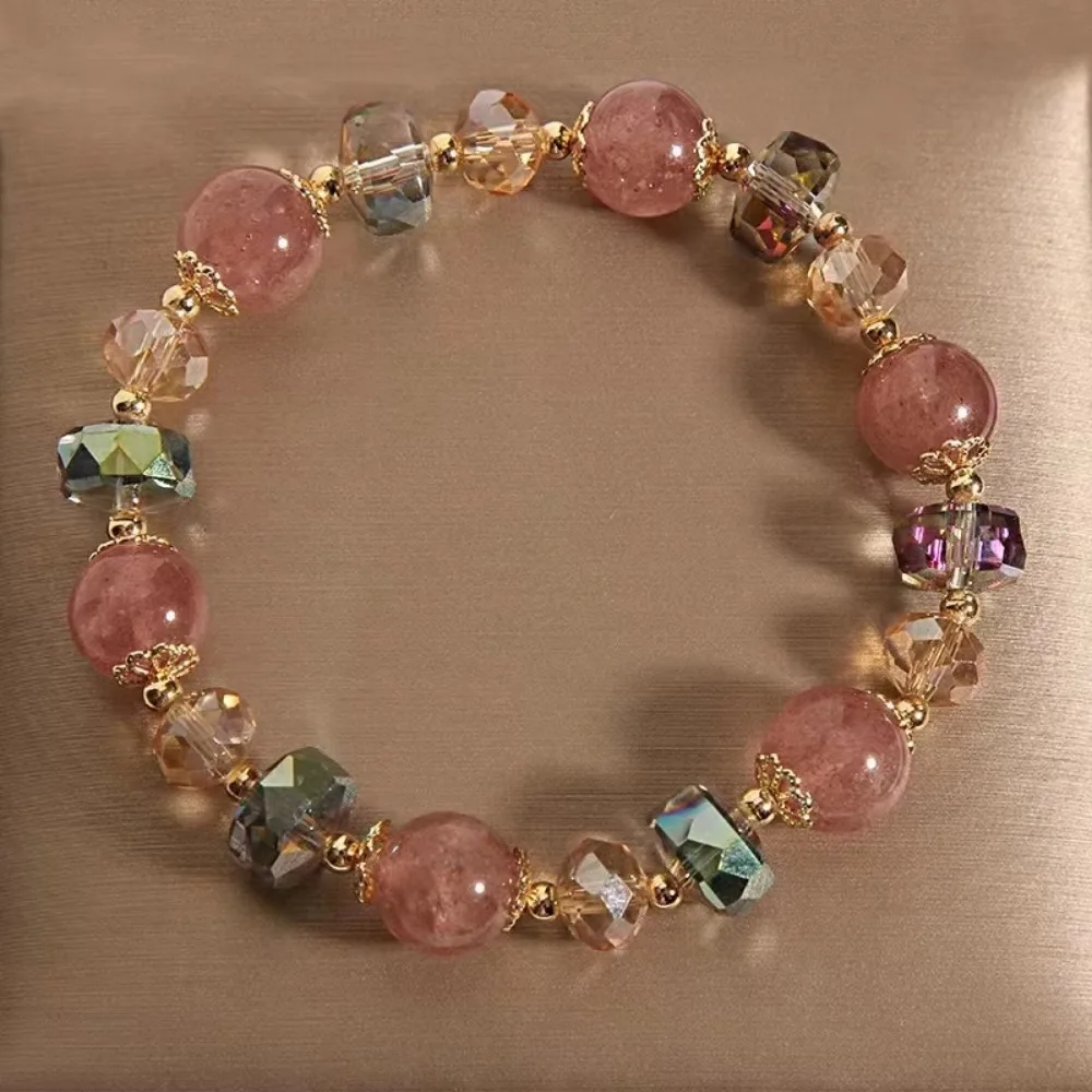 Fashion Natural Strawberry Crystal Bracelets For Women Light Luxury Pink String Beaded Elastic Bangles Party Jewelry Gift