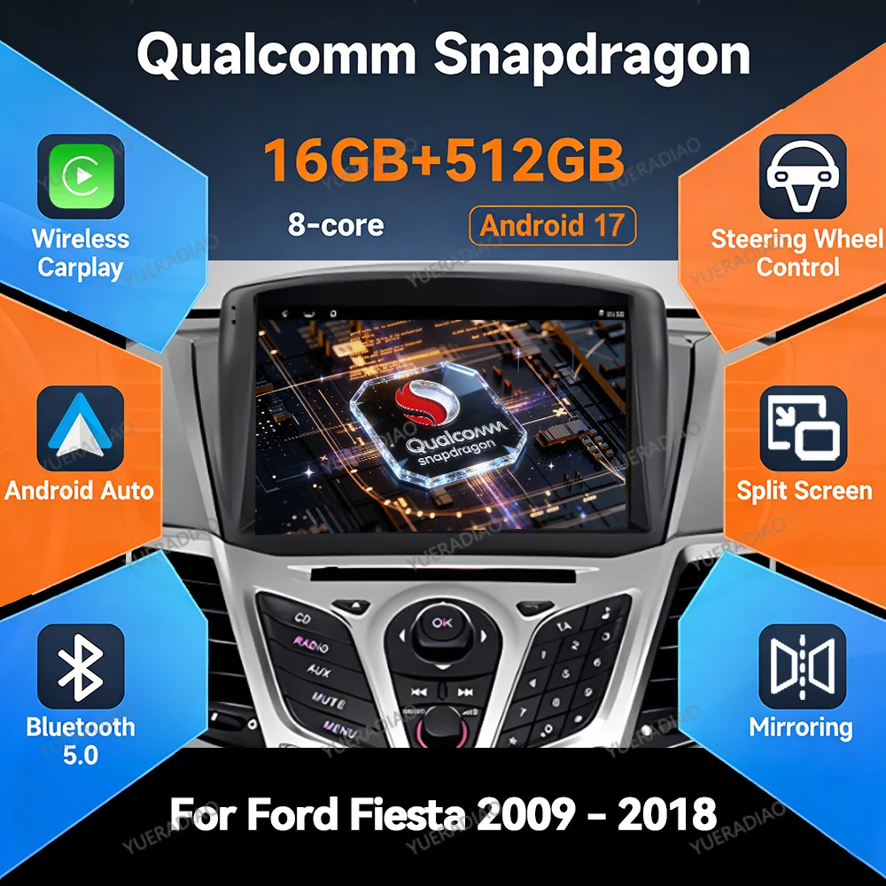 Rádio Automotivo Android 17 para Ford Fiesta MK6 MK7 2009 - 2017, Reprodutor Multimídia de Vídeo com 4G WIFI FM BT, Tela Touch QLED 2K e DVD