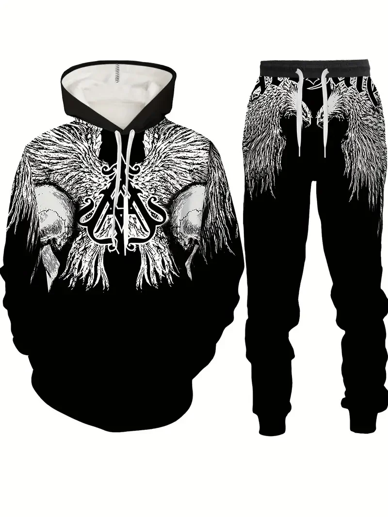 Men's Skull 3D Chain Print Sweatshirt & Sweatpants Set For Spring/autumn Casual Fashion 2Pcs Outfits Men's Plus Size Clothing