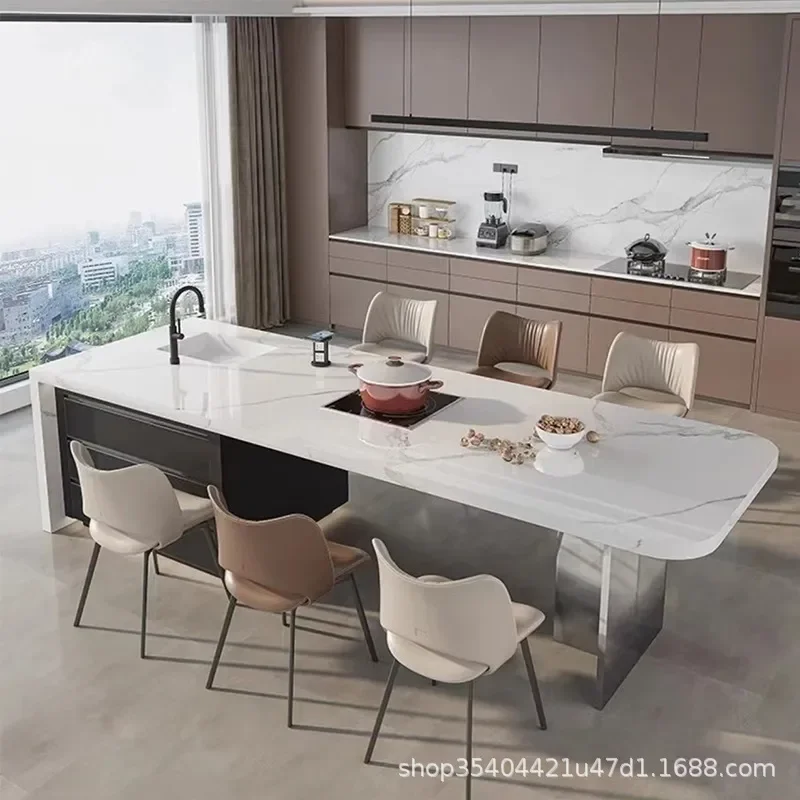 Minimalist Flush Rock Slab Island Dining Table Integrated Multi Functional Kitchen Living Room Mobile Guide Table