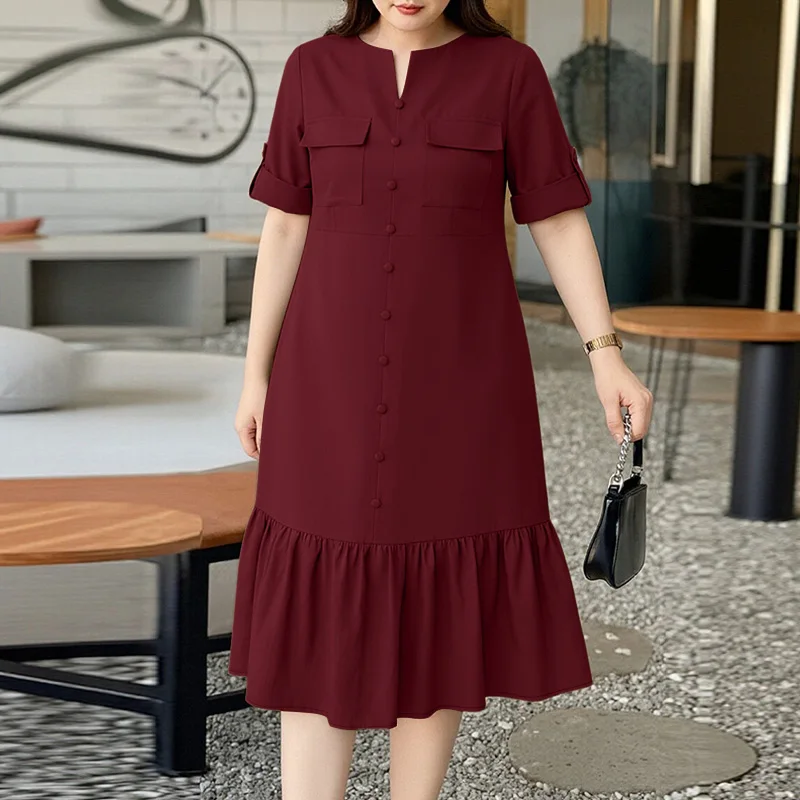 2026 Sommerkleid ZANZEA Stilvolles Damen V-Ausschnitt Kurzarm-Kleid Elegantes Einfarbiges OL Arbeitskleid Gerüschtes Urlaubs-Midikleid