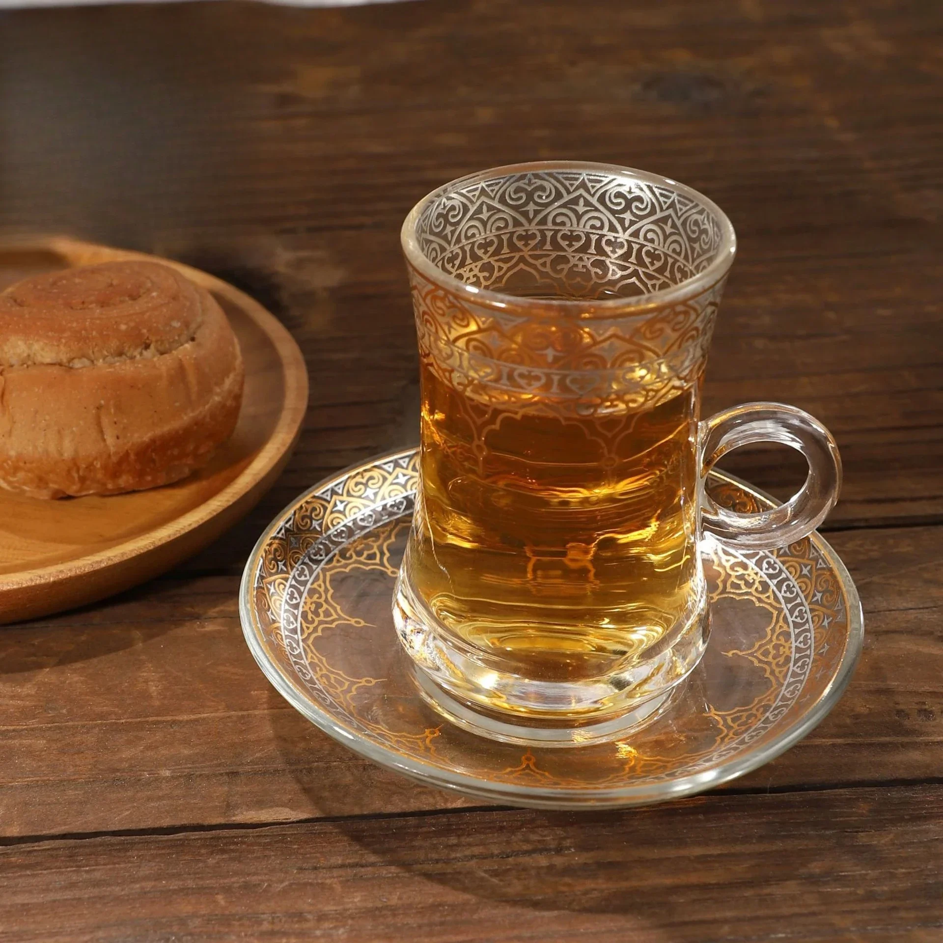 18Pcs Turkish Middle Eastern Glass Coffee Cup Set, Luxury Gold Foil Teacup Saucer Spoon Serving Kit