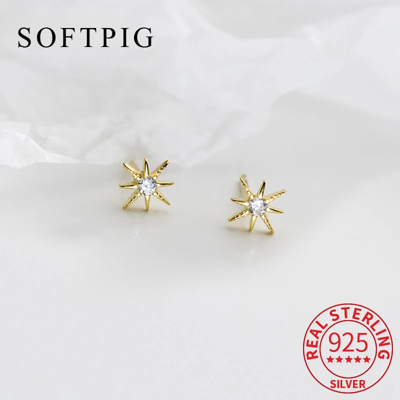 

SOFTPIG Real 925 Sterling Silver Zircon Starlight 18K Stud Earrings For Women Classic Fine Jewelry Minimalist Accessories