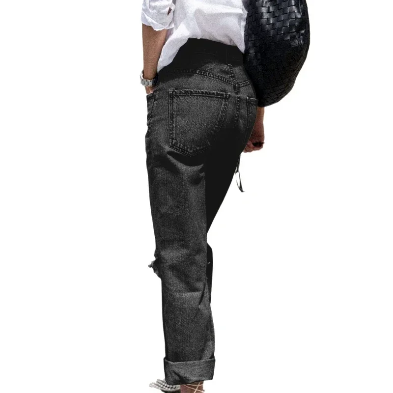 Frauen Jeans Denim Hosen Loch Gerade Hosen Lange Hose Casual Regelmäßige Einfache Taschen Elegante Splice Hohe Taille Herbst