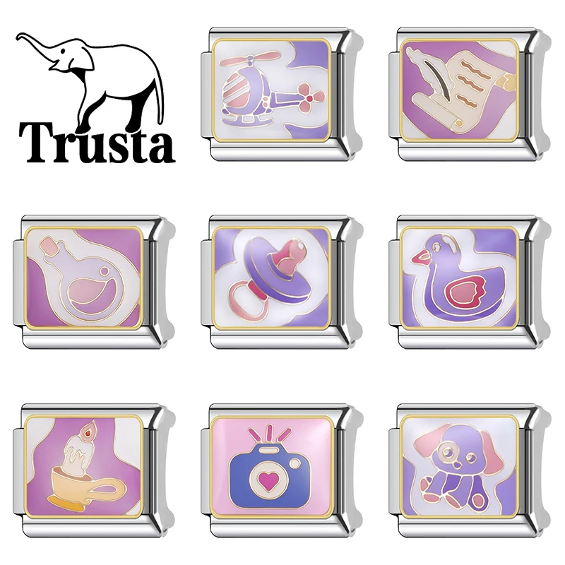 Trusta 2025 New Style Pacifier Duck Plane Italian Charms Bracelet Stainless Steel for Girls Birthday Gift Jewelry Wholesale N462