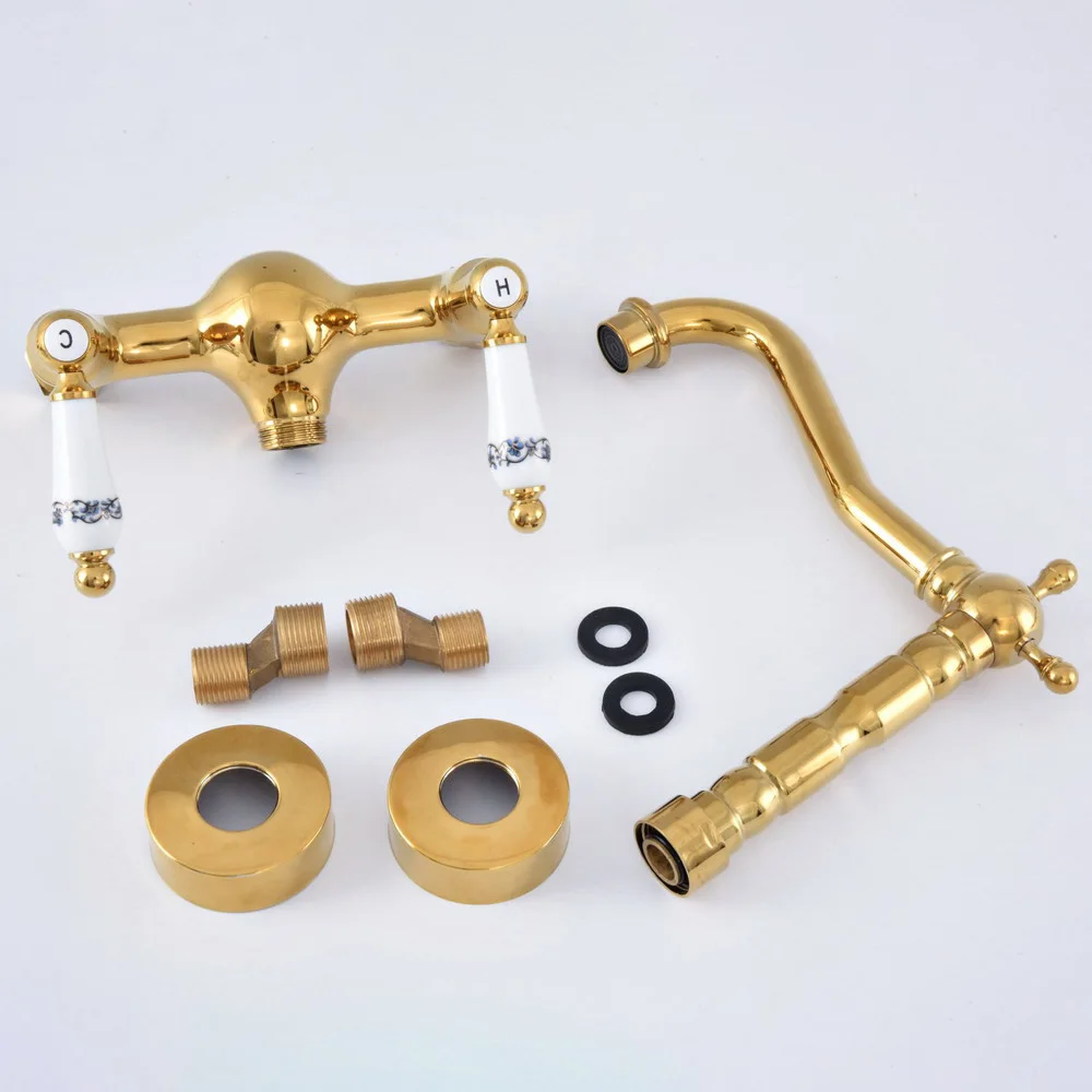 Polished Gold Color Brass Wall Mounted Double Handles Bathroom Kitchen Sink Faucet Mixer Tap Swivel Spout asf610