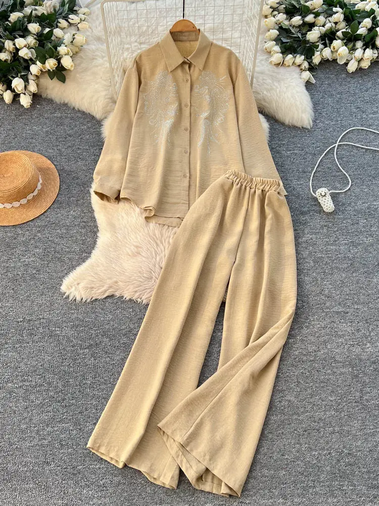 

Spring casual two-piece set women loose fashionable hot diamond long sleeved single breasted shirt high waist wide leg pants