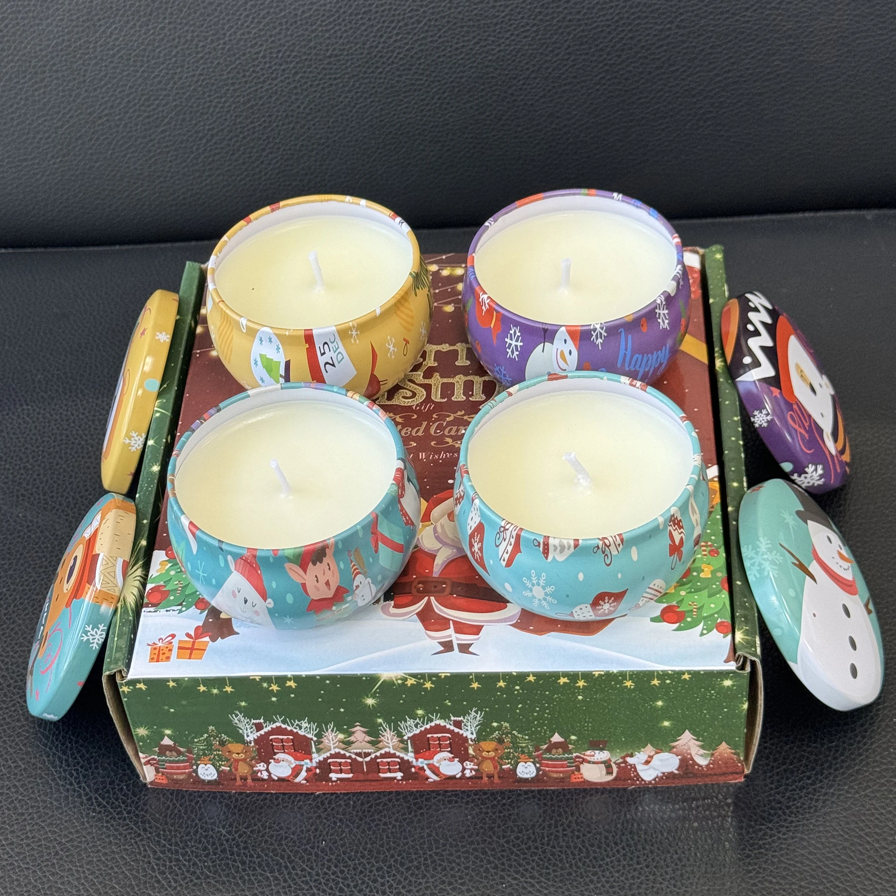 4PCS Christmas Scented Soy Wax Candles in Iron Tins Smokeless Aromatherapy Candles for Home Decor Gifts