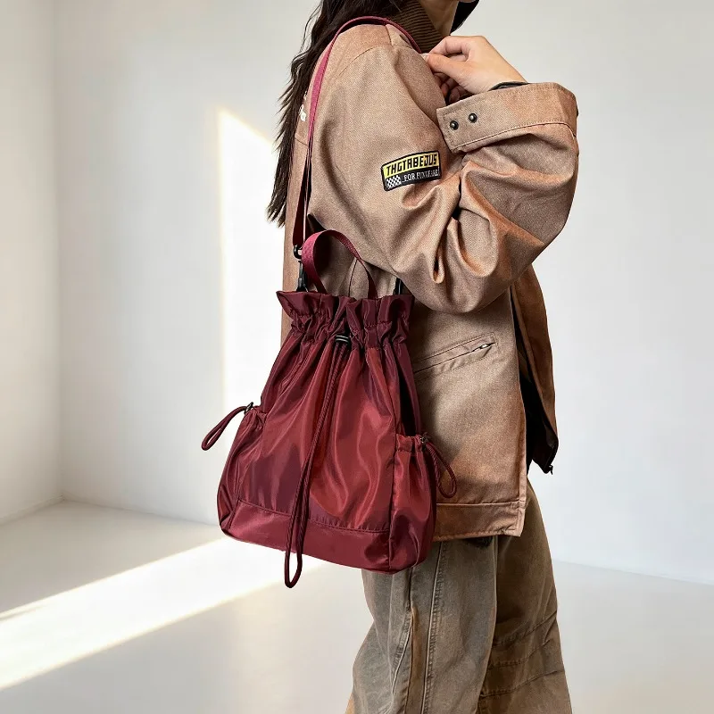 Solid Color Nylon Drawstring Women's Backpack Mini Daypack with Side Pockets School Bags Sweet Lightweight Casual Multi-use Bag