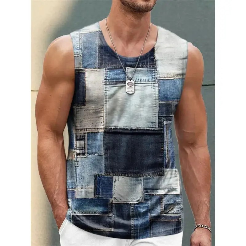 Retro Denim Patchwork Graphic 3D Print Tank Tops Men Fitness Gym Vest Streetwear Oversized Harajuku Sleeveless Top Man Clothing