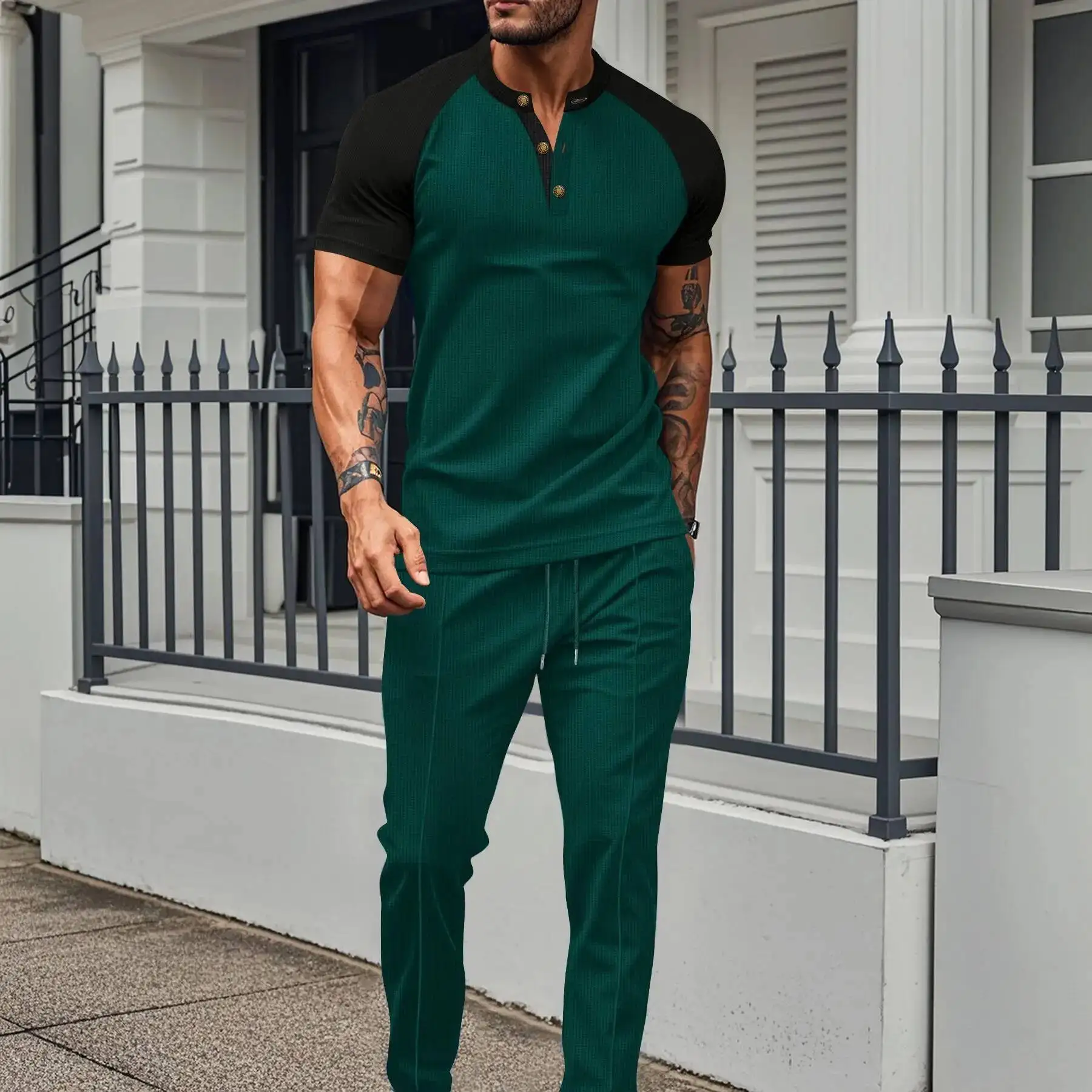

New Summer Color Blocking Casual Waffle Round Neck Short Sleeved Men S T Shirt Trousers Suit