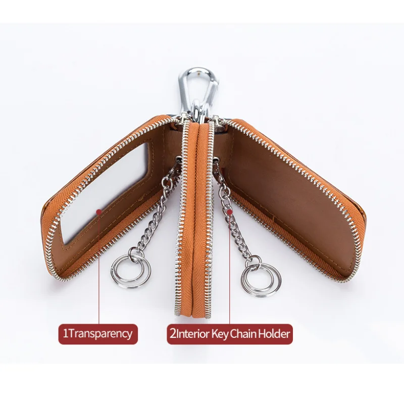 Car Key Chain   Universal Car Auto Split  Leather 2 Zipper Key Case Holder Storage Bag  For  Men or Women