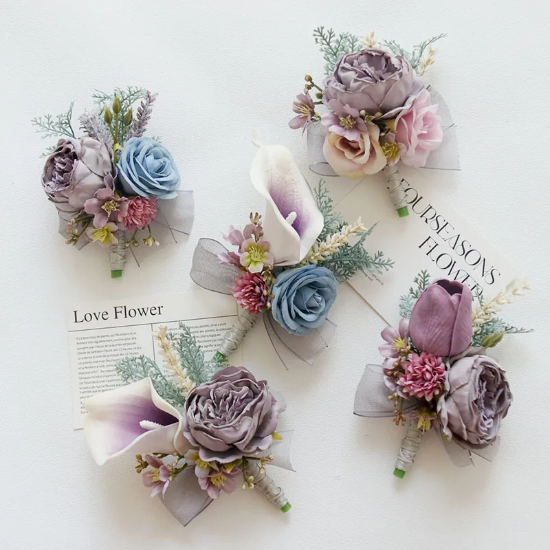 Boutonniere And Wrist Corsage Wedding Flower Bouquet Mori Style Purple Vintage Imitation Dried Flower Business Celebration