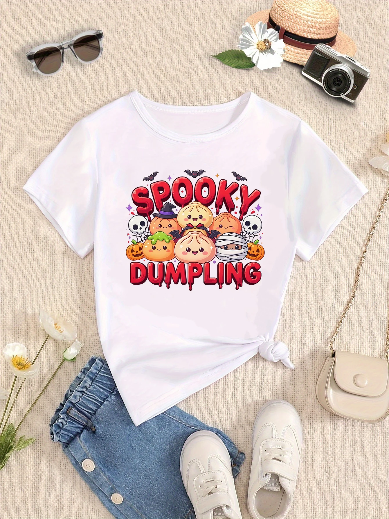 Kawaii Spooky Dumpling Pumpkin Skull Bats Printed T Shirt Girls/Boys Funny Kids Clothes Halloween Gift T-Shirt White T-Shirt