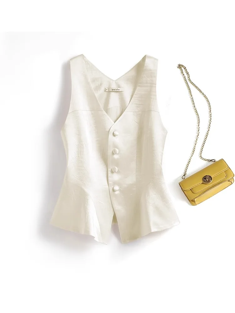 

Женский шелковый жилет andong Qi'an, облегающий талию, высококачественная майка из ацетата с v-образным вырезом, цвет с застежкой на одной пуговице